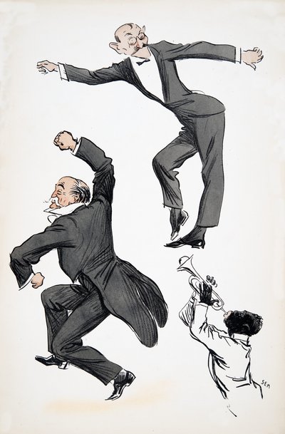 Elderly gentleman in tails and younger gentleman in black tie dance to a musician playing trumpet, from White Bottoms, pub. 1927 by Sem